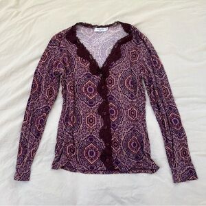 Women’s Paisley‎ Pattern Lace Trim Purple Button-Up Cardigan